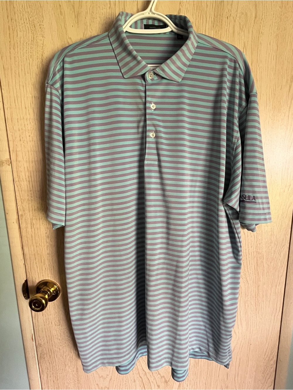 TURTLESON Aqua & Purple Striped Gold Polo Shirt The Peninsula Golf Club XL